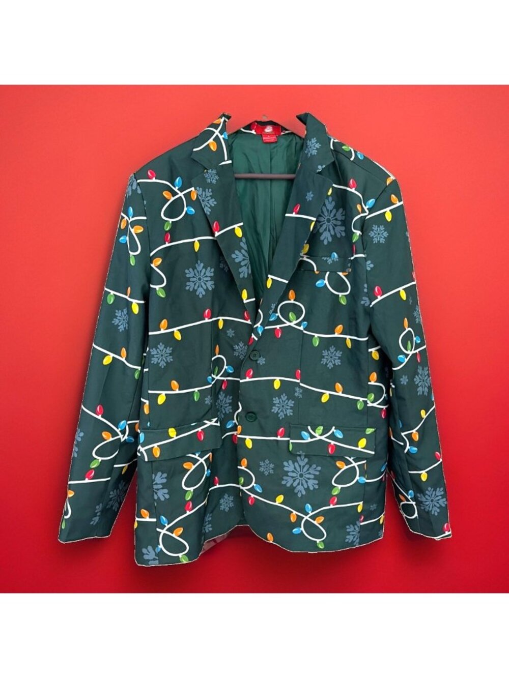 Men's Holiday Blazer Size L Green Ugly Christmas Sweater Party Lights READ